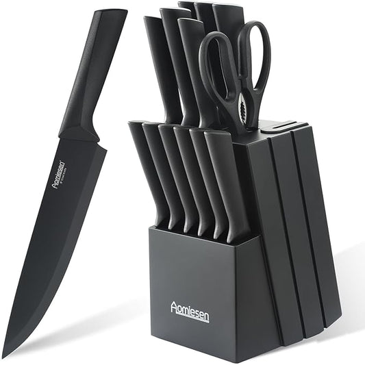 Stainless Steel Knife Set, Knife Block Sets with Built-in Sharpener,15-Piece Block Set with Block and Ergonomic Handles