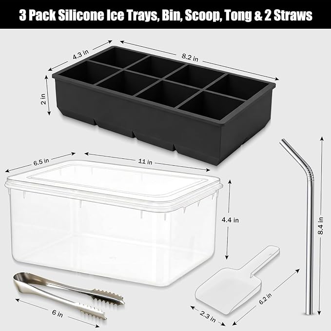 Large Silicone Ice Cube Tray - 3 Pack Trays for 8 Square Cubes with Large Bin, Scoop, Tong & 2 SS Straws - Easy Release Ice Mold for Whiskey, Cocktails, Coffee (Black) - Image 7