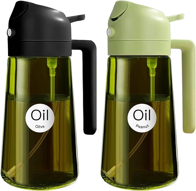 YARRAMATE 16oz/470ml 2PCS Light Blockage Dark Oil Sprayer for Cooking, 2 in 1 Olive Oil Dispenser Bottle for Kitchen, Green Glass Oil Bottle, Food-Grade Oil Mister for Air Fryer, BBQ (Black & Green) by YARRAMATE