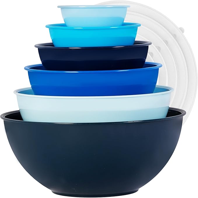 BoxedHome BPA Free Plastic Round Mixing Bowl with Lids, 12 Pack Nesting Bowls with Lids Set, Microwave and Dishwasher Safe Prep & Serving Bowls Great for Mixing, Baking, Serving (Blue, 12pcs) by BoxedHomeProducts