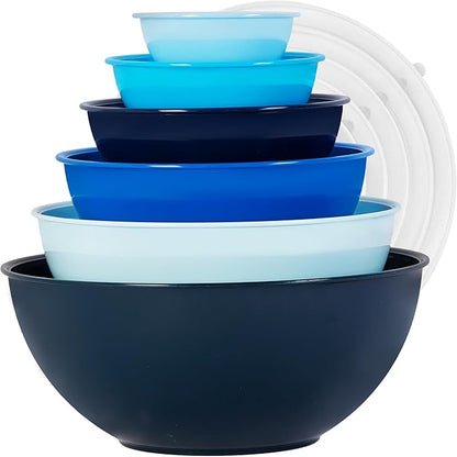 BoxedHome BPA Free Plastic Round Mixing Bowl with Lids, 12 Pack Nesting Bowls with Lids Set, Microwave and Dishwasher Safe Prep & Serving Bowls Great for Mixing, Baking, Serving (Blue, 12pcs) by BoxedHomeProducts