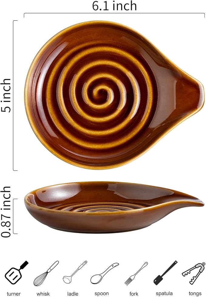 LAUCHUH Spoon Rest, 5 inches Large Ceramic Spoon Rest for Stove Top Cooking Spoon Holder for Mother's Day, Kitchen Counter Spatula Holder for Tongs, Ladle, Fork, Heat-Resistant, Dark Brown