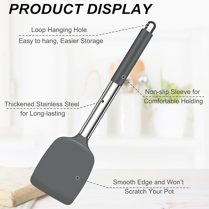 TeamFar Kitchen Utensils, 4PCS Heat-proof Silicone Cooking Utensils Set Slotted Spatula Solid Turner Spoon with Stainless Steel Handle, for Non-stick Cookware Flipping, Frying, Draining – Gray - Image 3