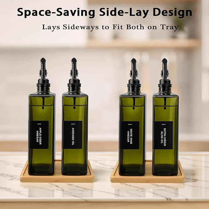 Olive Oil Dispenser Bottle for Kitchen with Bamboo Tray- 16.9oz Glass Oil and Vinegar Dispenser Set, Soy Sauce & Syrup Bottle, Modern Hostess Gift (Green, Set of 2) - Image 3