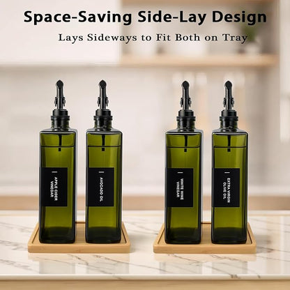 Olive Oil Dispenser Bottle for Kitchen with Bamboo Tray- 16.9oz Glass Oil and Vinegar Dispenser Set, Soy Sauce & Syrup Bottle, Modern Hostess Gift (Green, Set of 2) - Image 3