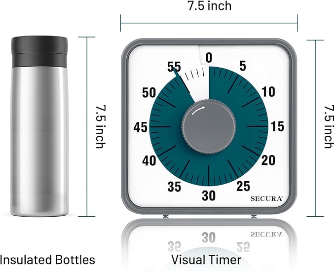 Secura 7.5 Inch Visual Timer, 60 Minute Visual Oversize Countdown Timer for Kids and Adults, Durable Mechanical Time Management Tool (Dark Green) - Image 7