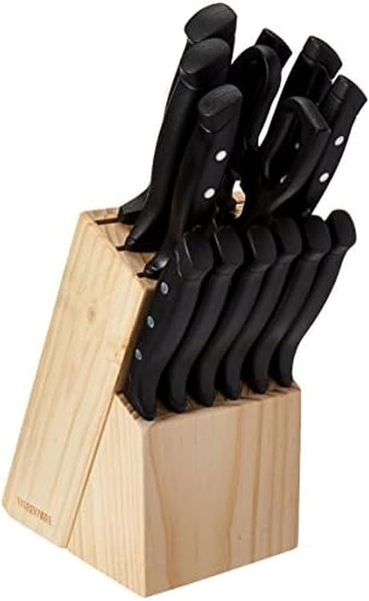 Farberware 22-Piece Triple Rivet Rust-Resistant Wave Edge High-Carbon Stainless Steel Knife Block Set, Beechwood/Black by Farberware