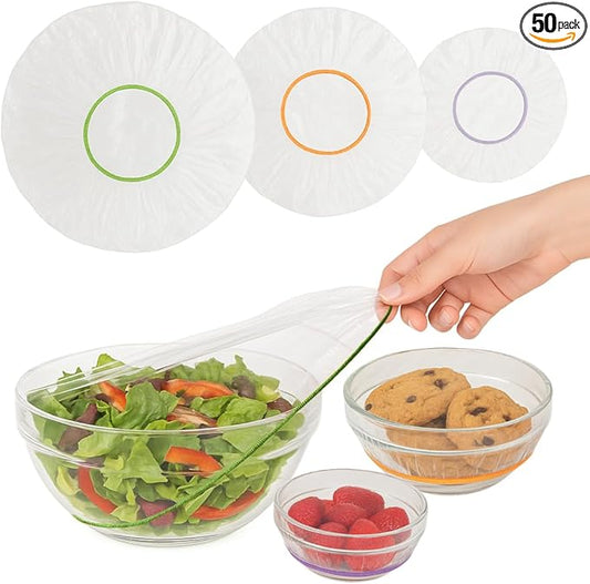 Plastic Bowl Covers, Elastic Reusable Food Covers for Bread Proofing, Storage & Outdoor Use – 50 Pack, Stretch Fit, 3 Sizes by KitchenStrong