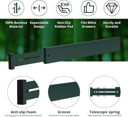 ANTOWIN Expandable Bamboo Drawer Dividers Organizers, Drawer Separators Splitter,17-22 inches Long Adjustable Spring-loaded Organizer for Large Utensil, Clothes, Tools(Dark Green) - Image 2