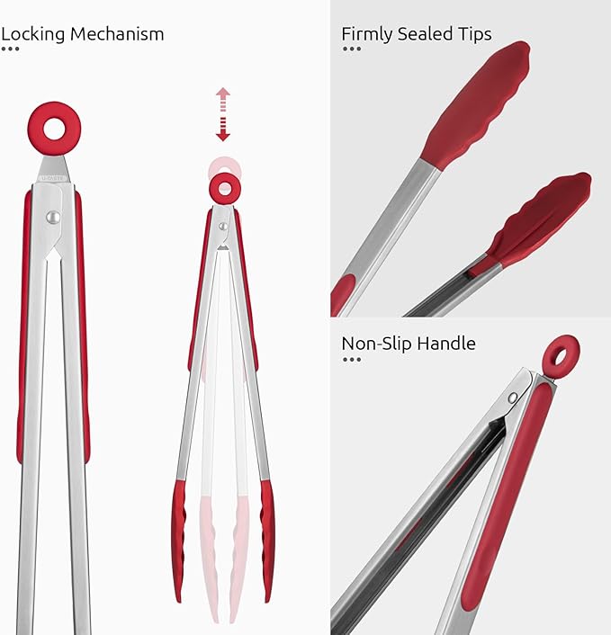 600ºF Heat Resistant Kitchen Tongs: U-Taste 9+12 inch Silicone Cooking Tong Set with Firm Sealed Non Stick Rubber Tips and Silicon Coated 18/8 Stainless Steel Handle for Serving Grilling Salad(Red) - Image 6