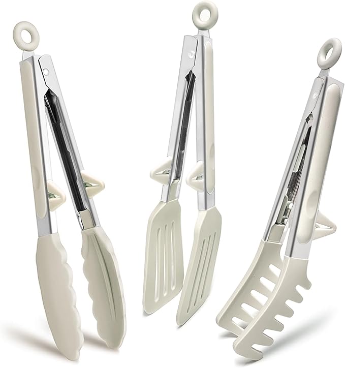 Kitchen Tongs, 9 Inch Tongs for Cooking with Silicone Tips, Food Grade Small Silicone Tongs, Mini Serving Tongs for Nonstick Pans, BBQ, Salad, Set of 3, White by TOWINGO