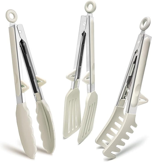 Kitchen Tongs, 9 Inch Tongs for Cooking with Silicone Tips, Food Grade Small Silicone Tongs, Mini Serving Tongs for Nonstick Pans, BBQ, Salad, Set of 3, White by TOWINGO