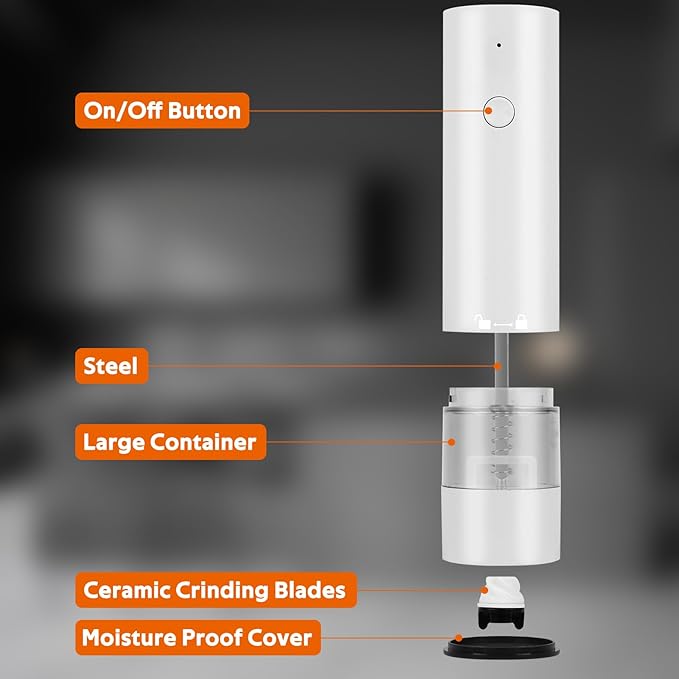 Rechargeable Electric Salt and Pepper Grinder Set, Automatic Pepper Mill with Adjustable Coarseness & One-Hand Operation, Large Capacity Battery-Powered Shakers for Cooking, Kitchen, Gifts (1, White)