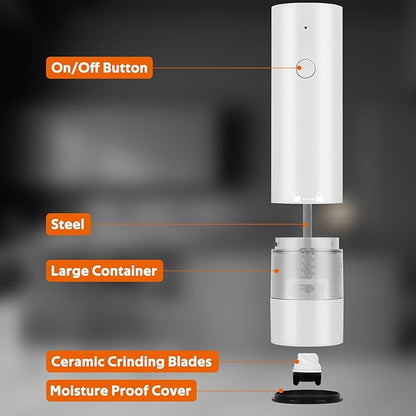 Rechargeable Electric Salt and Pepper Grinder Set, Automatic Pepper Mill with Adjustable Coarseness & One-Hand Operation, Large Capacity Battery-Powered Shakers for Cooking, Kitchen, Gifts (1, White)