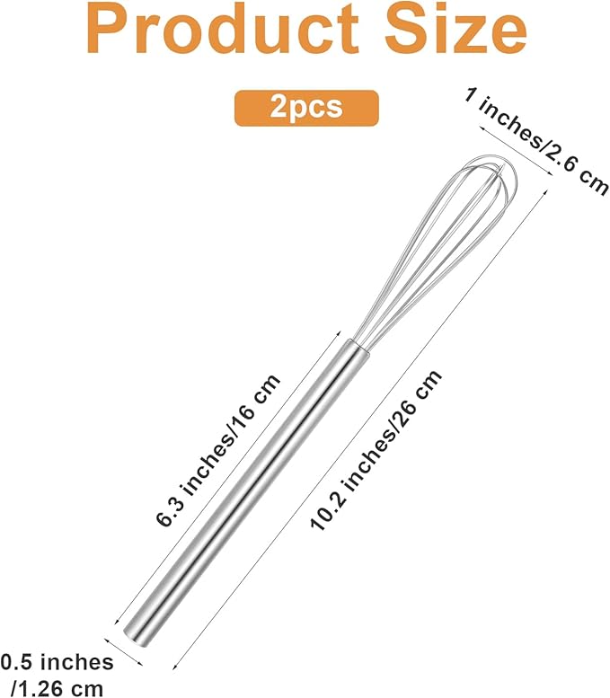 Ptwola 2 Pack Mini Whisk Small Whisks for Cooking Stainless Steel Wire Whisk 10.2 Inches Kitchen Hand Whisk for Eggs Coffee Mixing Sauces Cheese Bread Beating Home Tool