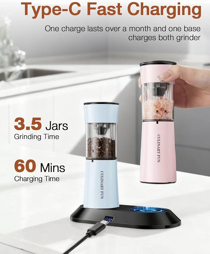 Gravity Electric Salt and Pepper Grinder Set with USB-C Charging Base,Rechargeable Automatic Stainless Steel Pepper Mill Grinder with LED Light, 2pack+Peach Orange (Morning Haze+Petal Pink)