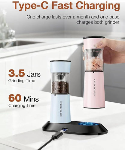 Gravity Electric Salt and Pepper Grinder Set with USB-C Charging Base,Rechargeable Automatic Stainless Steel Pepper Mill Grinder with LED Light, 2pack+Peach Orange (Morning Haze+Petal Pink)