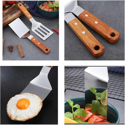 KLAQQED 2 PCS Metal Spatula for Cast Iron Skillet, Stainless Steel Grill Spatula Slotted Turner Fish with Wood Handle Flat Top Griddle for Cooking BBQ