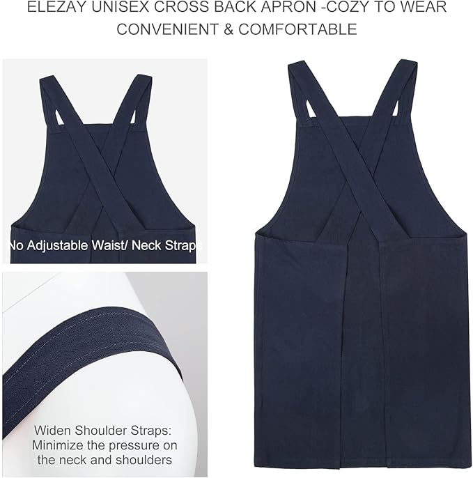 ELEZAY Aprons for Women with Pockets Plus Size Comfort Cross Back No Tie Cotton Linen Apron Pinafore
