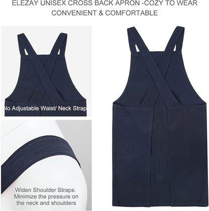 ELEZAY Aprons for Women with Pockets Plus Size Comfort Cross Back No Tie Cotton Linen Apron Pinafore