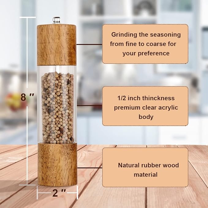 XWXO Premium Acrylic Salt and Pepper Grinder Set, Manual Salt and Pepper Mills- Wooden Shakers with Adjustable Ceramic Core-Salt Grinder and Pepper Mill -8 Inches-Pack of 2 - Image 2