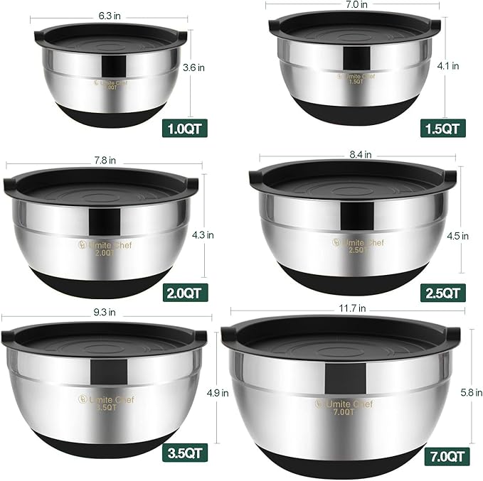 Umite Chef Mixing Bowls with Airtight Lids，6 piece Stainless Steel Metal Nesting Storage Bowls, Non-Slip Bottoms Size 7, 3.5, 2.5, 2.0,1.5, 1QT, Great for Mixing & Serving(Black) - Image 6