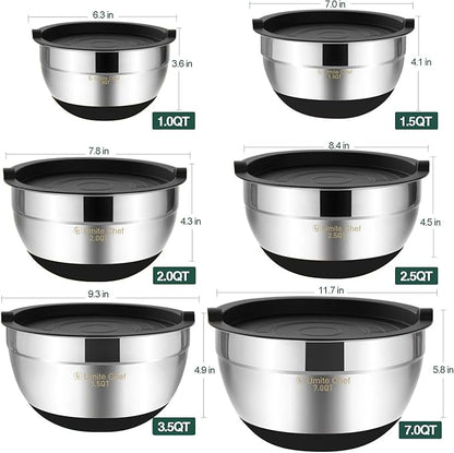 Umite Chef Mixing Bowls with Airtight Lids，6 piece Stainless Steel Metal Nesting Storage Bowls, Non-Slip Bottoms Size 7, 3.5, 2.5, 2.0,1.5, 1QT, Great for Mixing & Serving(Black) - Image 6
