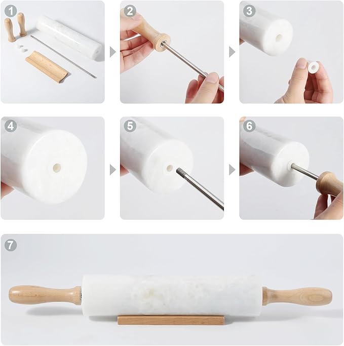 Koville White Marble Rolling Pin With Wooden Handles & Wood Cradle, 18 Inch Polished Marble Rolling Pins For Making Pizza Dough, Dough Roller For Pie Crust, Cookie, Pasta, Ergonomic Handles - Image 3