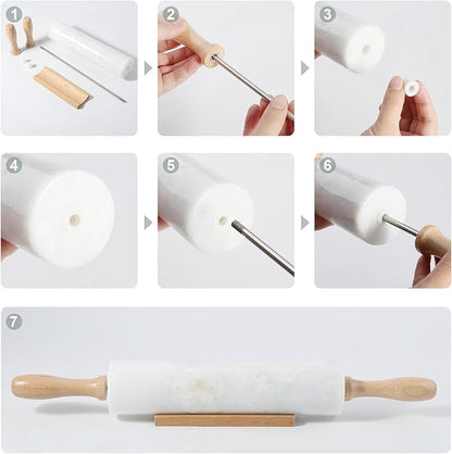 Koville White Marble Rolling Pin With Wooden Handles & Wood Cradle, 18 Inch Polished Marble Rolling Pins For Making Pizza Dough, Dough Roller For Pie Crust, Cookie, Pasta, Ergonomic Handles - Image 3