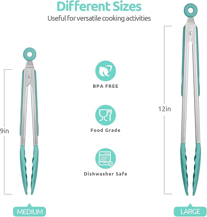 600ºF Heat Resistant Kitchen Tongs: U-Taste 9+12 inch Silicone Cooking Tong Set with Firm Sealed Non Stick Rubber Tips and Silicon Coated 18/8 Stainless Steel Handle for Serving Grilling (Aqua Sky) - Image 2
