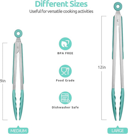 600ºF Heat Resistant Kitchen Tongs: U-Taste 9+12 inch Silicone Cooking Tong Set with Firm Sealed Non Stick Rubber Tips and Silicon Coated 18/8 Stainless Steel Handle for Serving Grilling (Aqua Sky) - Image 2