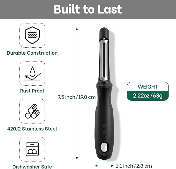 Beneno Swivel Vegetable Peeler, Razor-Sharp Smooth Peeling Potato Peelers with Stainless Steel Blades, Ergonomic Comfort Non-Slip Rubber Handle, Durable Kitchen Peelers with Potato Eye Remover, Black - Image 2