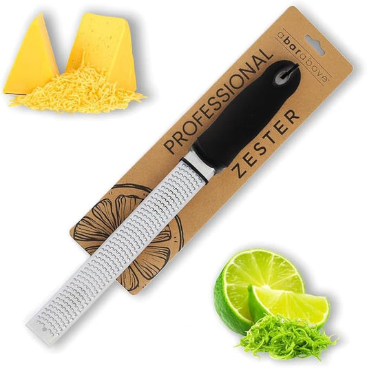 A Bar Above Lemon Zester and Cheese Grater, Professional 12 Inch Stainless Steel Hand Grater for Citrus, Parmesan, Ginger, Chocolate, Ergonomic Handle, Dishwasher Safe, Perfect Kitchen Gadget, Black by ABarAbove