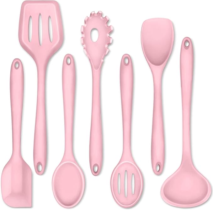 P&P CHEF Silicone Cooking Utensils Set of 7, Heat-proof Kitchen Utensils Set for Nonstick Cookware, Non-stick Spatula, Slotted Turner, Soup Ladle, Pasta Server, Spoon for Cooking Serving - Pink by PPCHEF