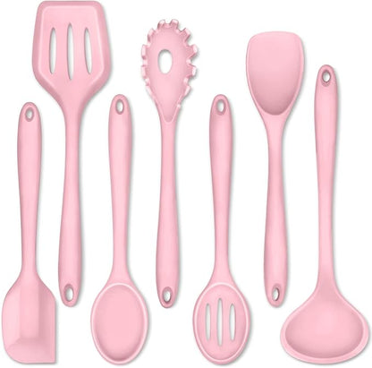 P&P CHEF Silicone Cooking Utensils Set of 7, Heat-proof Kitchen Utensils Set for Nonstick Cookware, Non-stick Spatula, Slotted Turner, Soup Ladle, Pasta Server, Spoon for Cooking Serving - Pink by PPCHEF