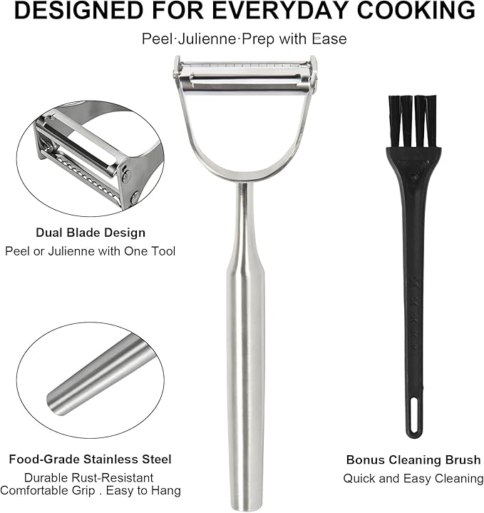 Stainless Steel 2 in 1 Julienne Peeler – Dual Blade Vegetable Cutter for Peeling & Julienne, Multifunction Tool for Potato Carrot Zucchini Cucumber, Kitchen Gift