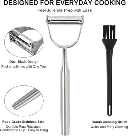 Stainless Steel 2 in 1 Julienne Peeler – Dual Blade Vegetable Cutter for Peeling & Julienne, Multifunction Tool for Potato Carrot Zucchini Cucumber, Kitchen Gift