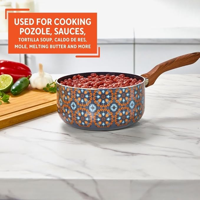 IMUSA 2 Quarts Talavera Nonstick Saucepan with Wood Look Handle, Ceramic Coated - Image 6