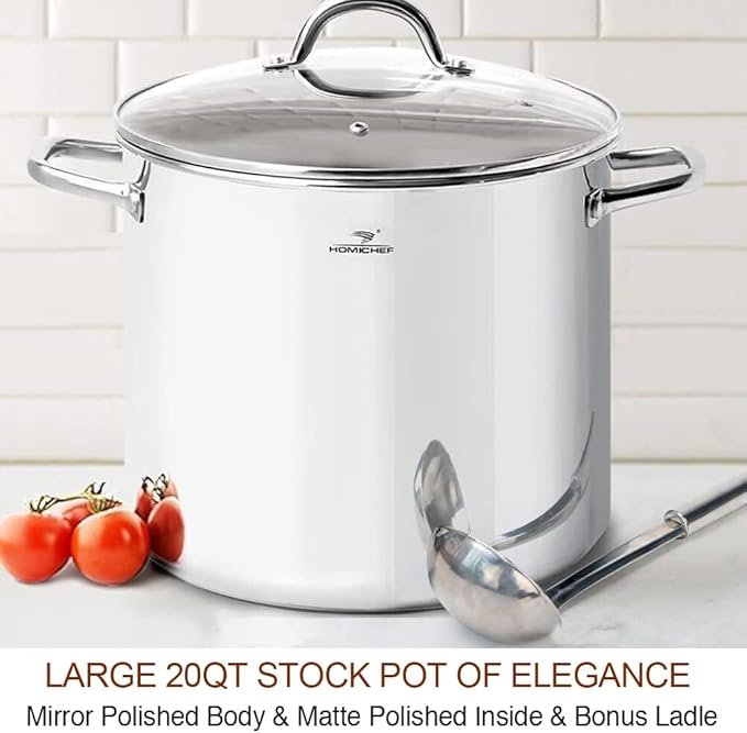 HOMICHEF Commercial Grade LARGE STOCK POT 20 Quart With Lid - Nickel Free Stainless Steel Cookware - Healthy Polished Stockpots - Heavy Duty Induction Soup Pot - Image 2
