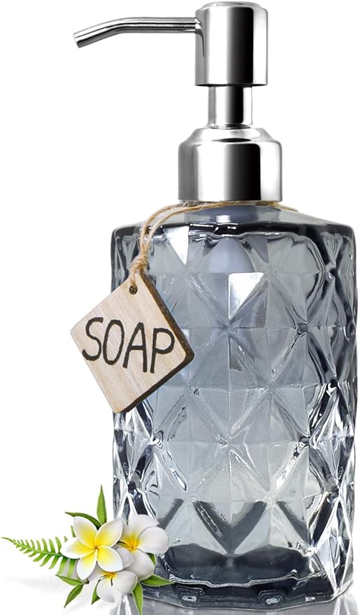 JASAI Diamond Design Glass Soap Dispenser with 304 Rust Proof Stainless Steel Soap Pump, 12 Ounce Kitchen Soap Dispenser for Bathroom, Hand Soap, Dish Soap (Grey) by JASAIHOME