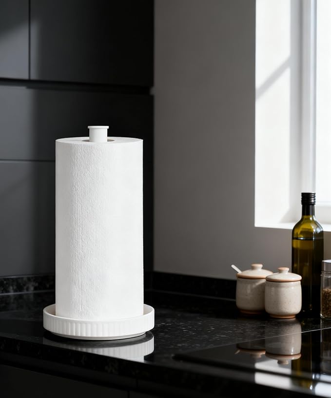 VROOMIUM Paper Towel Holder, Ceramic Base Water & Oil Resistant, Fits Double and Family Size Rolls, Stable and Easy to Clean Kitchen Roll Stand- Chic White