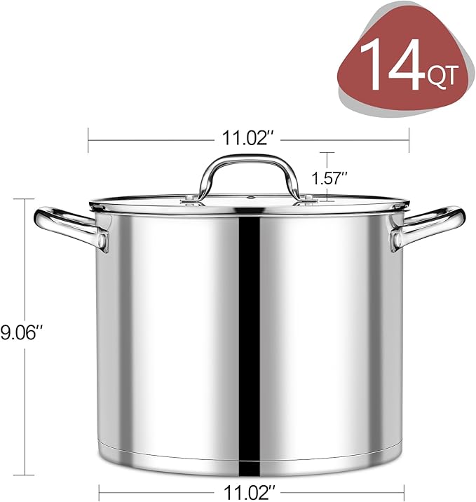 P&P CHEF 14 QT Stock Pot with Lid, Stainless Steel Large Cooking Pot, Soup Canning Stockpot for Stewing Simmering, Tri-ply Bottom for All Stoves, Heavy-Duty &Dishwasher Safe & Food-Grade - Image 2
