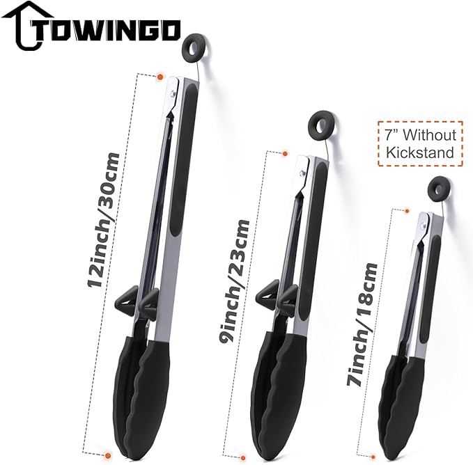 Silicone Kitchen Tongs, 3Pcs Tongs for Cooking with Silicone Tips, Food Grade Small Tong, Mini Serving Tong for BBQ Salad, Black, 7"+9"+12"