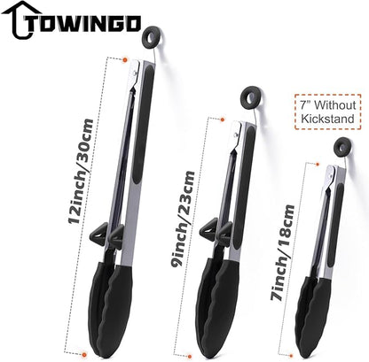Silicone Kitchen Tongs, 3Pcs Tongs for Cooking with Silicone Tips, Food Grade Small Tong, Mini Serving Tong for BBQ Salad, Black, 7"+9"+12"