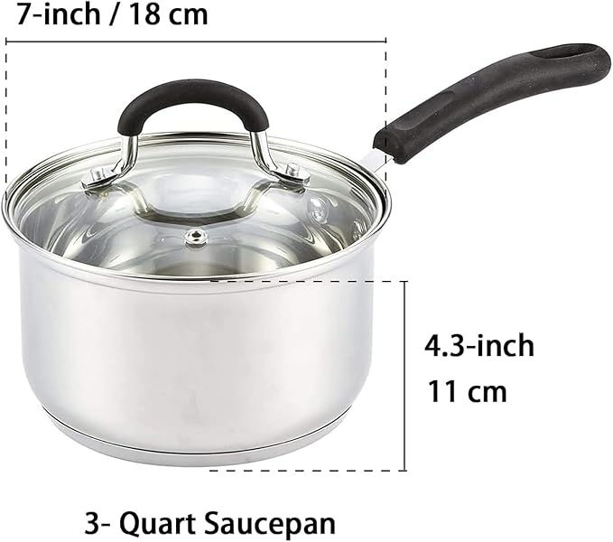 Cook N Home 3 Quart Stainless Steel Saucepan Set with Lid, Induction Compatible Milk Pots, Stay-Cool Silicone Handle, Mirror Polished 18/10 Cookware, Dishwasher & Oven Safe, Silver - Image 2
