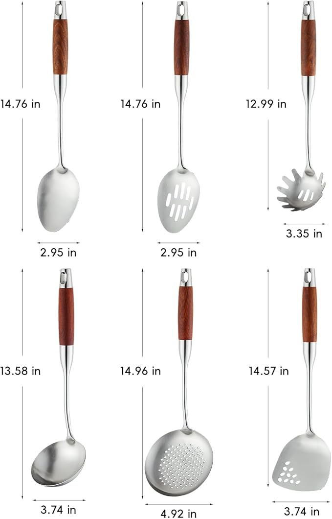 Izurok 18/10 Stainless Steel Kitchen Utensils Set,6 Piece Cooking Utensils With Wood Handle,Heat Resistant Kitchen Tool Set With Spatula, Spoon, Ladle, Skimmer, Slotted Spoon, Pasta - Image 2
