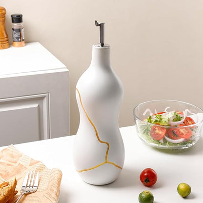 BosilunLife Ceramic Olive Oil Dispenser Bottle, 22 Oz Oil Cruet with Elegant Gold Accent & Curved Ergonomic Design, Non‑Drip Vinegar Bottle for Kitchen & Dining, White