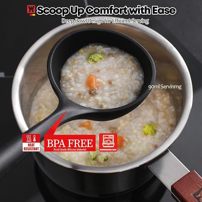 Cooking Ladle: Silicone Kitchen Utensil with Long Wooden Handles, Heat Resistant Cookware, Protects Surfaces with Gentle Head Design, Portion Batter, Professional Chef Wok Soup Ladle