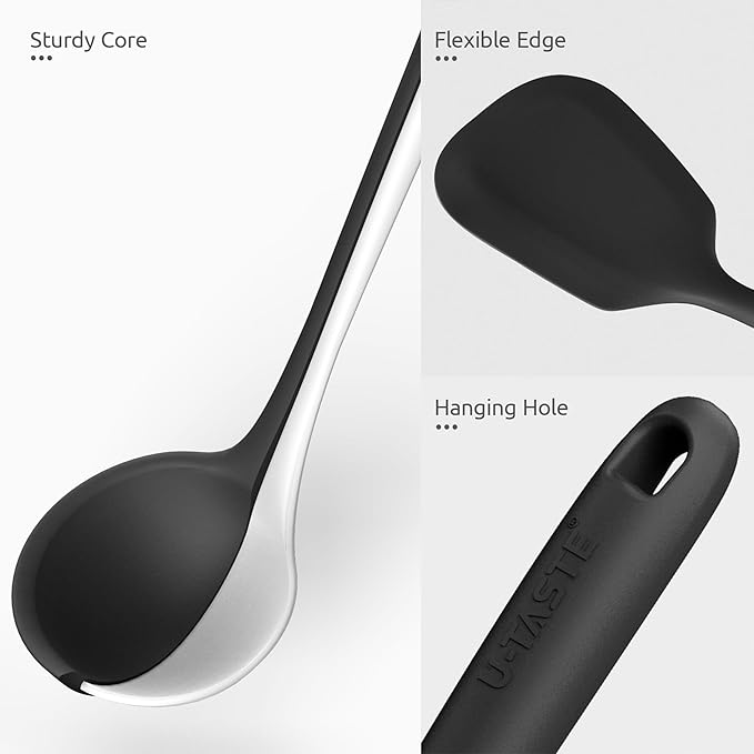 Silicone Kitchen Cooking Utensil Set: U-Taste High Heat Resistant 13.6in Long Kitchen Gadgets, BPA Free Non Stick Rubber Cook Accessories For Stir Frying, Serving, Basting, Mixing (5 Pieces, Black) - Image 6