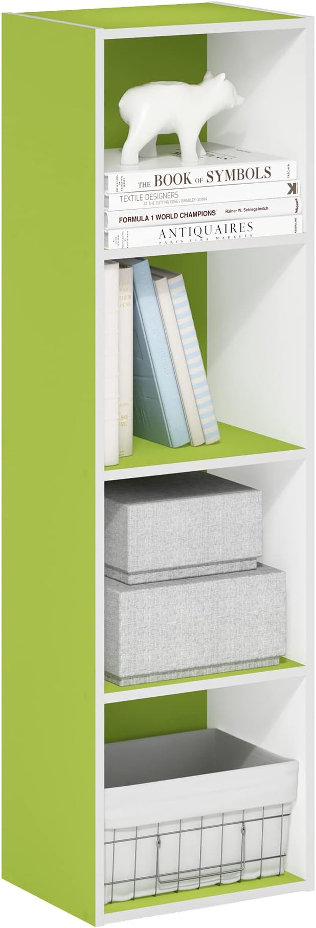 Furinno PASIR Book Shelf, 4-Tier Modern Bookshelf, Open Shelves Bookcase 9 x 12 x 42, Easy Assembly, for Living Room, Bedroom, Home Office, Green/White by Furinno-FitsYourSpaceFitsYourBudget
